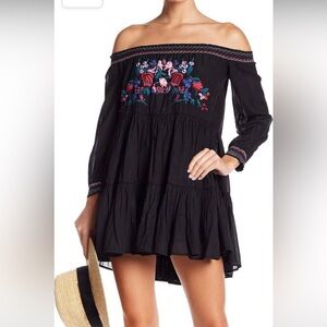 Free people Black Off-Shoulder Dress with Floral Embroidery